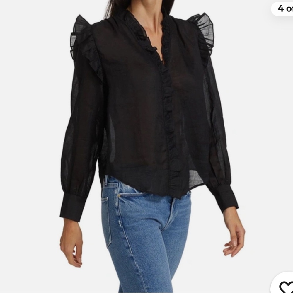 Frame Denim Lauren Long Sleeve Black Ruffle Trim Blouse, Size Small M